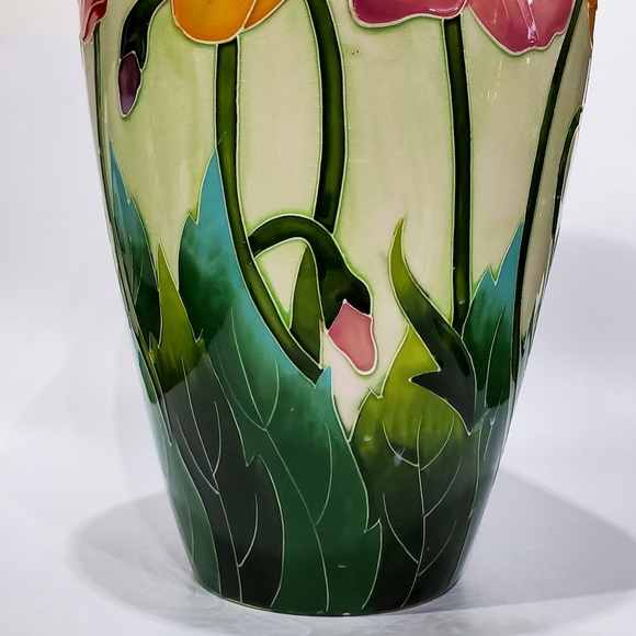 11 3/4" Bold Cloisonné Styl Asian Poppies Dramic Black + Floral Ceramic Art Vase - Picture 4 of 15